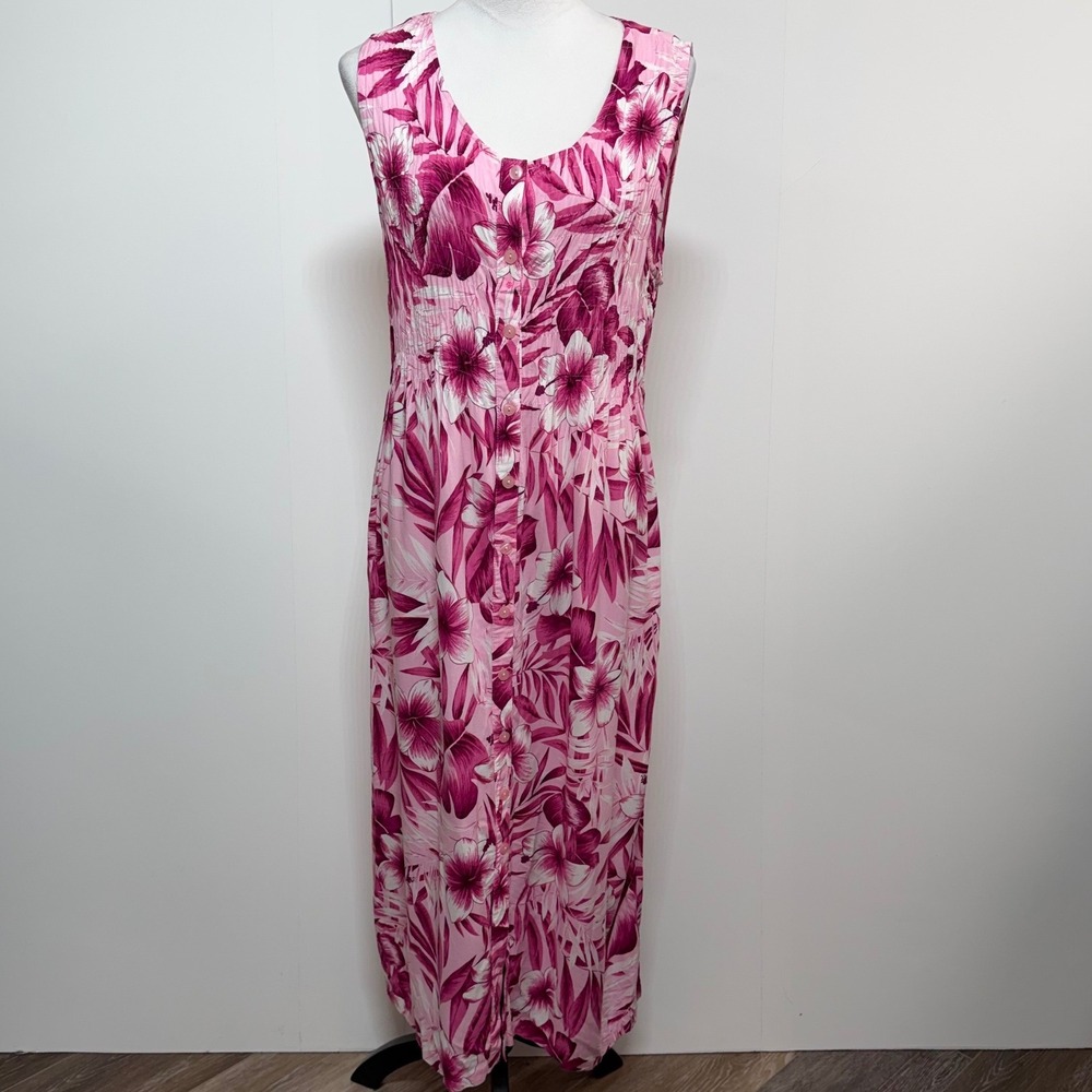 Erika Dress Womens Large Pink Maxi Sleeveless Tropical Floral Button Up Tie